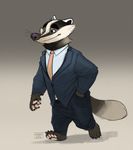  2016 4_fingers 4_toes anthro badger barefoot biped black_claws black_fur black_tail claws clothed clothing digital_media_(artwork) eyebrows fur gradient_background greevixor hand_in_pocket male mammal multicolored_fur multicolored_tail mustelid necktie pawpads paws purple_nose signature simple_background snout solo suit toe_claws toes two_tone_fur two_tone_tail walking white_fur white_tail 