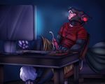  anthro bedroom canine computer desk glasswalker grey_background male mammal masturbation orgasm pawpads simple_background video_games wolf 