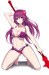  arm_up bikini breasts cleavage commentary_request fate/grand_order fate_(series) flower gae_bolg gg-e hair_flower hair_ornament hibiscus holding holding_weapon large_breasts long_hair midriff navel purple_hair red_eyes scathach_(fate)_(all) scathach_(swimsuit_assassin)_(fate) simple_background smile soles solo swimsuit weapon 