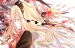  bangs blonde_hair blush breasts closed_eyes closed_mouth commentary_request crescent floating_hair floral_background from_side hat highres junko_(touhou) large_breasts light_smile long_hair profile solo tabard touhou upper_body yilocity 