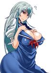  ? bangs blue_dress blue_hair breasts cleavage closed_mouth commentary_request cowboy_shot dress from_side frown hands_on_own_chest heiseikorotaisei huge_breasts kamishirasawa_keine long_hair multicolored_hair puffy_short_sleeves puffy_sleeves red_eyes short_sleeves sidelocks silver_hair solo touhou two-tone_hair 