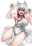 :d alternate_costume animal_ears bangs bare_arms bare_legs bare_shoulders barefoot blush breasts china_dress chinese_clothes claw_pose commentary_request covered_navel dress grey_hair growling heiseikorotaisei inubashiri_momiji large_breasts looking_at_viewer open_mouth pelvic_curtain red_eyes short_hair sideboob smile solo tail touhou white_dress wolf_ears wolf_tail 