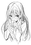  cum cum_on_body cum_on_upper_body greyscale hair_ornament hairclip licking licking_hand long_hair monochrome original saitou_masatsugu school_uniform serafuku solo 