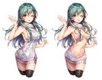  backless_outfit bare_shoulders black_legwear breasts cropped_legs green_eyes green_hair hair_censor hair_ornament hair_over_breasts hairclip kantai_collection large_breasts long_hair looking_at_viewer meme_attire multiple_views navel one_eye_closed simple_background suzuya_(kantai_collection) sweater thighhighs tongue tongue_out variations virgin_killer_sweater white_background white_sweater yuli_(yulipo) 