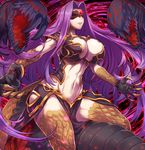  abs bangs blindfold breasts bustier claws cleavage cleavage_cutout commentary_request covered_eyes dark_persona domino_mask fate/grand_order fate_(series) gorgon_(fate) huge_breasts lips long_hair mask navel parted_bangs pelvic_curtain purple_hair rider scales sidelocks solo teeth tomoyohi 