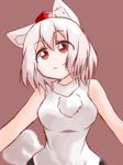  animal_ears bare_shoulders breasts brown_background hat inubashiri_momiji looking_at_viewer momiji5959 pom_pom_(clothes) red_eyes short_hair silver_hair simple_background solo tail tokin_hat touhou wolf_ears wolf_tail 