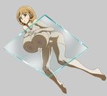  against_glass breast_press breasts brown_eyes brown_hair don_(rg06268) full_body glass grey_background huge_breasts narusawa_ryouka nipples occultic;nine open_mouth short_hair simple_background solo thighhighs 