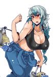 alternate_hairstyle bangs blue_hair blush braid breasts bucket cleavage clothes_around_waist collarbone commentary_request covered_nipples cowboy_shot crossover drooling gen_1_pokemon heiseikorotaisei kamishirasawa_keine large_breasts leaning_forward long_hair multicolored_hair navel omanyte parted_lips pokemon pokemon_(creature) pokemon_(game) red_eyes silver_hair single_braid sports_bra touhou two-tone_hair 