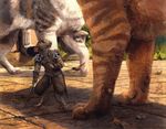  2017 anthro armor black_eyes black_fur black_stripes brown_fur brown_sclera brown_stripes cat claws feline feral fur group kenket leather leather_armor looking_up mammal mouse painting_(artwork) rodent size_difference solo_focus staff standing stripes traditional_media_(artwork) white_fur 