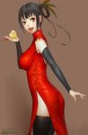  animal ariverkao bird black_hair breasts brown_eyes chick china_dress chinese_clothes detached_sleeves dress holding holding_animal large_breasts looking_at_viewer open_mouth original short_hair side_slit simple_background solo standing thighhighs 