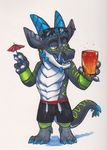 anthro beverage board_shorts chibi clothed clothing dragon horn male smile solo standing thecrazydragon tongue tongue_out topless 