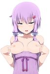  :d abmayo alternate_breast_size areolae bangs bare_arms bare_shoulders blush breasts breasts_outside bunny_hair_ornament collarbone covering_nipples dress dress_pull eyebrows_visible_through_hair hair_ornament hair_tubes highres long_hair looking_at_viewer medium_breasts naughty_face open_mouth purple_dress purple_hair purple_ribbon ribbon round_teeth short_hair_with_long_locks sidelocks simple_background smile solo strapless strapless_dress striped striped_dress teeth tsurime upper_body vertical-striped_dress vertical_stripes vocaloid voiceroid white_background yuzuki_yukari 