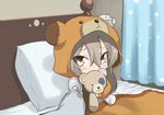  bandages bed boko_(girls_und_panzer) brown_eyes brown_hair cosplay covering_face covering_mouth girls_und_panzer highres jinguu_(4839ms) kigurumi pillow shimada_arisu sleeve_tug stuffed_animal stuffed_toy teddy_bear under_covers 