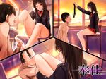  1boy 1girl barefoot black_legwear brown_hair chair classroom clothed_female_nude_male desk feet foot_licking foot_worship footjob from_above from_below highres hime_cut kneeling long_hair precum red_eyes school_uniform sitting socks_removed soles steam toes translated 