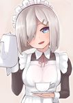 :d alternate_costume apron blue_eyes blush breasts cup enmaided frilled_apron frills grey_hair hair_over_one_eye hamakaze_(kantai_collection) juliet_sleeves kantai_collection long_sleeves looking_at_viewer maid maid_headdress medium_breasts neck_ribbon open_mouth outline puffy_sleeves red_ribbon ribbon saucer short_hair smile solo teacup teapot tiemu_(man190) upper_body wing_collar wrist_cuffs 