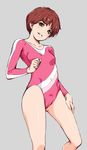  breasts brown_eyes brown_hair covered_navel cowboy_shot grey_background gymnast_leotard highres leotard long_sleeves original parted_lips pink_leotard short_hair small_breasts solo standing wacchi 