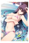  absurdres animal_ears bangs bare_shoulders bikini blush breast_hold breasts cat_ears cat_tail cleavage eyebrows_visible_through_hair fingernails flower groin hair_between_eyes hand_up highres large_breasts long_fingernails long_hair looking_at_viewer navel omega_2-d parted_lips partially_submerged purple_bikini purple_eyes purple_hair side-tie_bikini solo strap_gap string_bikini swimsuit tail toranoana very_long_hair water 