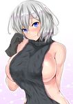  alternate_costume arm_behind_back black_gloves black_sweater blue_eyes blush breasts gloves hair_ornament hairclip hamakaze_(kantai_collection) head_tilt highres huge_breasts kantai_collection looking_at_viewer meme_attire ribbed_sweater sankakusui short_hair sideboob silver_hair simple_background smile solo sweater turtleneck upper_body virgin_killer_sweater white_background 
