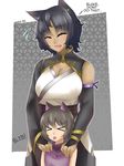  &gt;_&lt; :d animal_ears black_hair blake_belladonna bracelet cat_ears cat_girl closed_eyes commentary ear_piercing earrings english jewelry kali_belladonna mature mother_and_daughter multiple_girls nas_(z666ful) open_mouth piercing rwby smile xd younger 