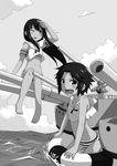  bangs bare_legs barefoot bikini_top blunt_bangs cannon comic cutefreak fang greyscale highres htms_sri_ayudhya htms_thonburi innertube kantai_collection lifebuoy long_hair looking_at_viewer midriff monochrome multiple_girls navel one_eye_closed open_mouth original rigging sailor_collar sailor_shirt shirt short_hair sidelocks sitting sitting_on_object sleeveless sleeveless_shirt smile swimsuit swimsuit_under_clothes tan 