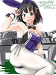  2017 adapted_costume animal_ears armpits bare_shoulders black_hair blush bow bowtie breasts brown_eyes bunny_ears bunnysuit cannon character_name dated detached_collar fake_animal_ears haguro_(kantai_collection) hair_ornament kantai_collection leotard machinery open_mouth pantyhose remodel_(kantai_collection) short_hair solo tatsumi_ray tears turret white_legwear 