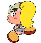 2017 armor big_breasts blonde_hair blush bottomless breasts clothed clothing female goomba goombella hair helmet looking_at_viewer looking_back mario_bros nintendo not_furry open_mouth paper_mario ponytail side_boob simple_background sweater thunderfap video_games 