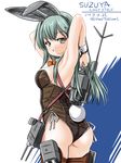  2017 adapted_costume animal_ears aqua_eyes aqua_hair armpits arms_up ascot ass back bare_shoulders bow bowtie breasts brown_legwear bunny_ears bunnysuit cannon dated detached_collar fake_animal_ears hair_ornament hairclip kantai_collection leotard long_hair looking_at_viewer machinery medium_breasts rigging smile solo suzuya_(kantai_collection) tatsumi_ray thighhighs turret 