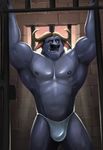  2017 abs anthro armpits bedroom_eyes biceps big_muscles black_nose bovine buffalo bulge cape_buffalo chief_bogo clothed clothing disney frostbiteposters fur grey_fur grey_nipples half-closed_eyes hi_res horn inside looking_at_viewer male mammal manly muscular nipples pecs prison seductive smile smirk solo thong topless underwear zootopia 