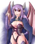  absurd_res alma_elma breasts cape clothing female hand_on_hip hi_res horn humanoid looking_at_viewer middle_finger monster_girl monster_girl_(genre) monster_girl_quest not_furry pointy_ears red_eyes solo standing succubus thundragon video_games wings 