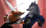  anthro armello bracelet canine clothed clothing duo female fox fur grey_fur jewelry male mammal melee_weapon orange_fur purple_eyes purpleground02 scarlet_(armello) sword thane_(armello) weapon wolf 