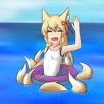  animal_humanoid breasts canine clothing eyes_closed female fox hair humanoid inner_ear_fluff long_hair mammal monster_girl monster_girl_(genre) monster_girl_quest multi_tail open_mouth outside portrait sea small_breasts smile solo swimming swimsuit tamamo thundragon video_games water wave 