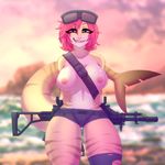  anthro breasts chococosalo clothed clothing female fish gun looking_at_viewer marine nipples ranged_weapon rifle shark smile solo standing thick_thighs topless weapon wide_hips 