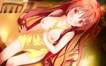  apron astralair_no_shiroki_towa black_ribbon blush breasts collarbone dutch_angle highres long_hair looking_at_viewer medium_breasts naked_apron nipples no_bra one_side_up open_mouth red_eyes red_hair ribbon shida_kazuhiro shiny shiny_skin shy sitting solo tachibana_ochiba 