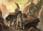  canine dan_scott feral group howl landscape looking_at_viewer magic_the_gathering male mammal mountain official_art quadruped signature snarling standing wolf 