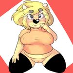  2015 anthro big_breasts black_nose blonde_hair blush bottomless bovine breasts cattle clitoris clothed clothing eyewear female fur glasses hair hand_on_leg horn kneeling legwear looking_at_viewer lydia_hudson mammal nipple_bulge open_mouth orange_shirt pussy red_background shirt simple_background sitting slightly_chubby smile solo sprocket_(artist) stockings sweat tan_fur white_background wide_hips 