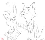  anthro boreoboros buckteeth canine clothed clothing dialogue disney duo egg female fox fur half-closed_eyes hand_on_hip hi_res judy_hopps lagomorph male mammal monochrome nick_wilde rabbit signature speech_bubble teeth text trick zootopia 