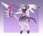  2017 anthro bulge cervine clothed clothing dragoon_(nobody) english_text grey_body hooves kingdom_hearts lance male mammal nobody_(kingdom_hearts) purple_background ruisu-kun signature simple_background solo square_enix text thong video_games white_body wings 