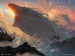  cloudscape flying long_tail machine macro magic_the_gathering mountain official_art reptile sam_burley scalie silhouette sky snake 