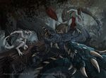  2017 anthro argonian battle black_hair black_scales black_skin blue_scales cape chain claws clothed clothing digital_media_(artwork) elf feathers fern group hair helberd humanoid loincloth long_hair lying male melee_weapon monster on_back open_mouth outside pointy_teeth red_feathers red_skin robe scales scalie size_difference spikes sword teeth the_elder_scrolls tongue topless torn_clothing tree url victoriadaedra video_games watermark weapon white_eyes white_skin 