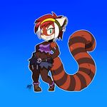  2017 alana anthro big_tail breasts cleavage clothed clothing cosplay ear_piercing female footwear fur green_eyes grin hair headband long_tail looking_at_viewer mammal masamaki multicolored_fur piercing red_hair red_panda rottytops shantae_(series) signature simple_background smile solo stitches teeth video_games 