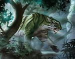  ambiguous_gender digital_media_(artwork) digital_painting_(artwork) feline forest fur igor_kieryluk magic_the_gathering mammal official_art open_mouth pawpads plant quadruped river side_view solo striped_fur stripes tiger tree tusks walking 