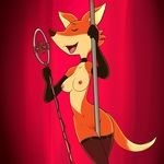  2017 anthro areola breasts canine clothing fangs fox fur gloves legwear lonbluewolf mammal multicolored_fur navel nipples open_mouth orange_fur pussy solo stockings teeth tongue two_tone_fur white_fur 