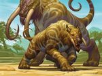  claws cub duo feline feral long_tail magic_the_gathering mammal official_art outside quadruped saber-toothed_cat size_difference snarling tusks young zoltan_boros 