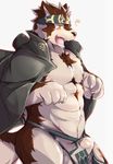  2017 4_fingers akitakarr anthro bandanna black_fur black_hair blush body_hair bulge canine chest_hair clothing coat erection fur hair headband horkeukamui humanoid_penis loincloth male mammal multicolored_fur muscular muscular_male navel nipples open_mouth orange_eyes penis precum sheer_clothing simple_background solo standing tenting tokyo_afterschool_summoners translucent transparent_clothing white_background white_fur wolf yellow_eyes 