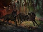  ambiguous_gender canine forest group looking_at_viewer looking_back magic_the_gathering mammal nils_hamm official_art open_mouth outside running sharp_teeth teeth tree wolf 