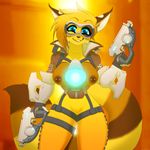  anthro breasts canine chococosalo eyewear female goggles gun looking_at_viewer mammal nipple_piercing nipples piercing ranged_weapon smile solo standing thick_thighs weapon wide_hips 
