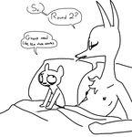  after_sex anthro avo_(weaver) bed breasts canine chest_tuft dialogue duo ermine female fur half-closed_eyes jackal looking_down looking_up lying male mammal marty_(weaver) monochrome mustelid nipples nude pack_street pillow size_difference speech_bubble text the_weaver tuft 