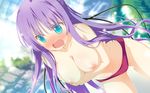  astralair_no_shiroki_towa bikini blue_eyes blush breast_hold breasts embarrassed game_cg highres large_breasts leaning_forward long_hair mizunose_kotori nipples open_mouth purple_hair red_bikini shida_kazuhiro solo swimsuit topless very_long_hair wardrobe_malfunction water 