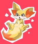  2016 amber_eyes cheek_tuft fennekin feral fur inner_ear_fluff lying nintendo on_back open_mouth pawpads paws pok&eacute;mon red_background red_fur simple_background solo suppainu tuft video_games white_fur yellow_fur 