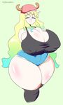  animal_humanoid big_breasts blush breasts cleavage clothed clothing dragon eyes_closed female flyxthunder hair horn humanoid hyper long_hair skimpy smile tagme thick_thighs wide_hips 